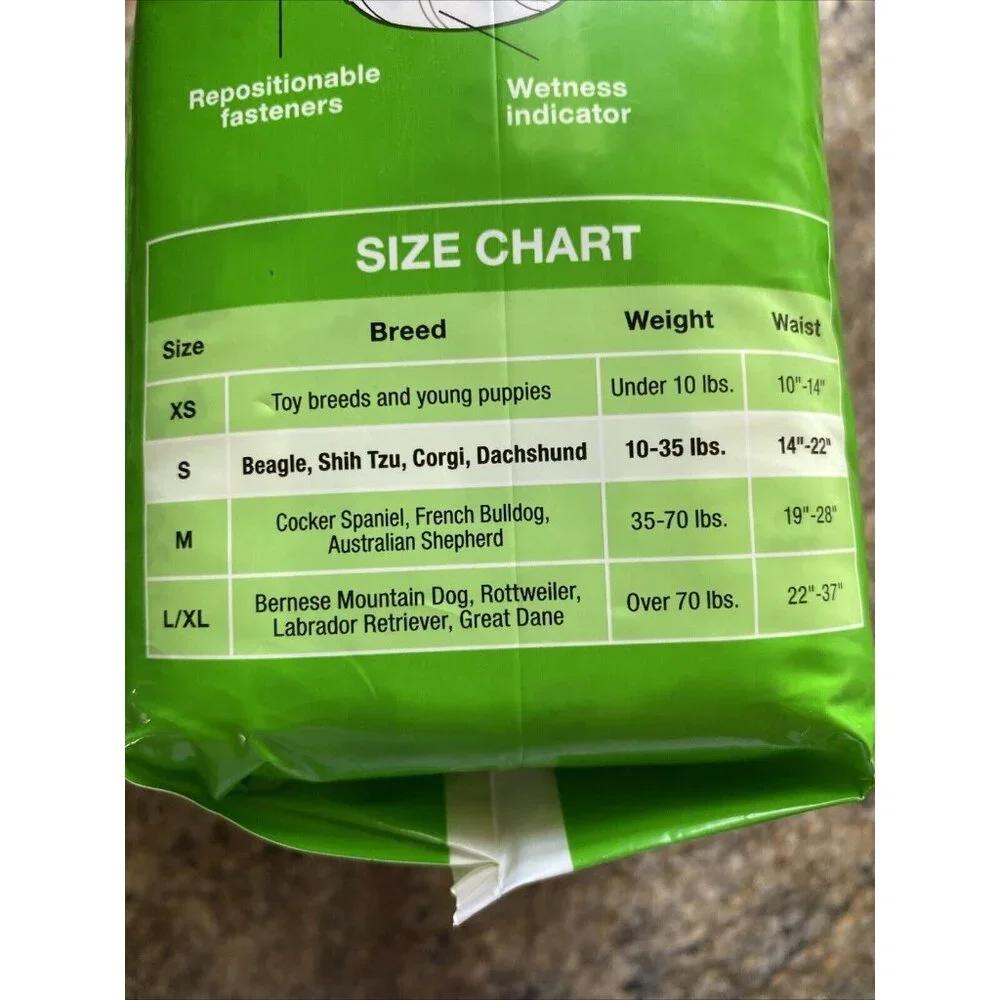 Disposable Dog Diapers Sz S 10-35lbs 14-22in Waist 18 Count Wetness Indicator